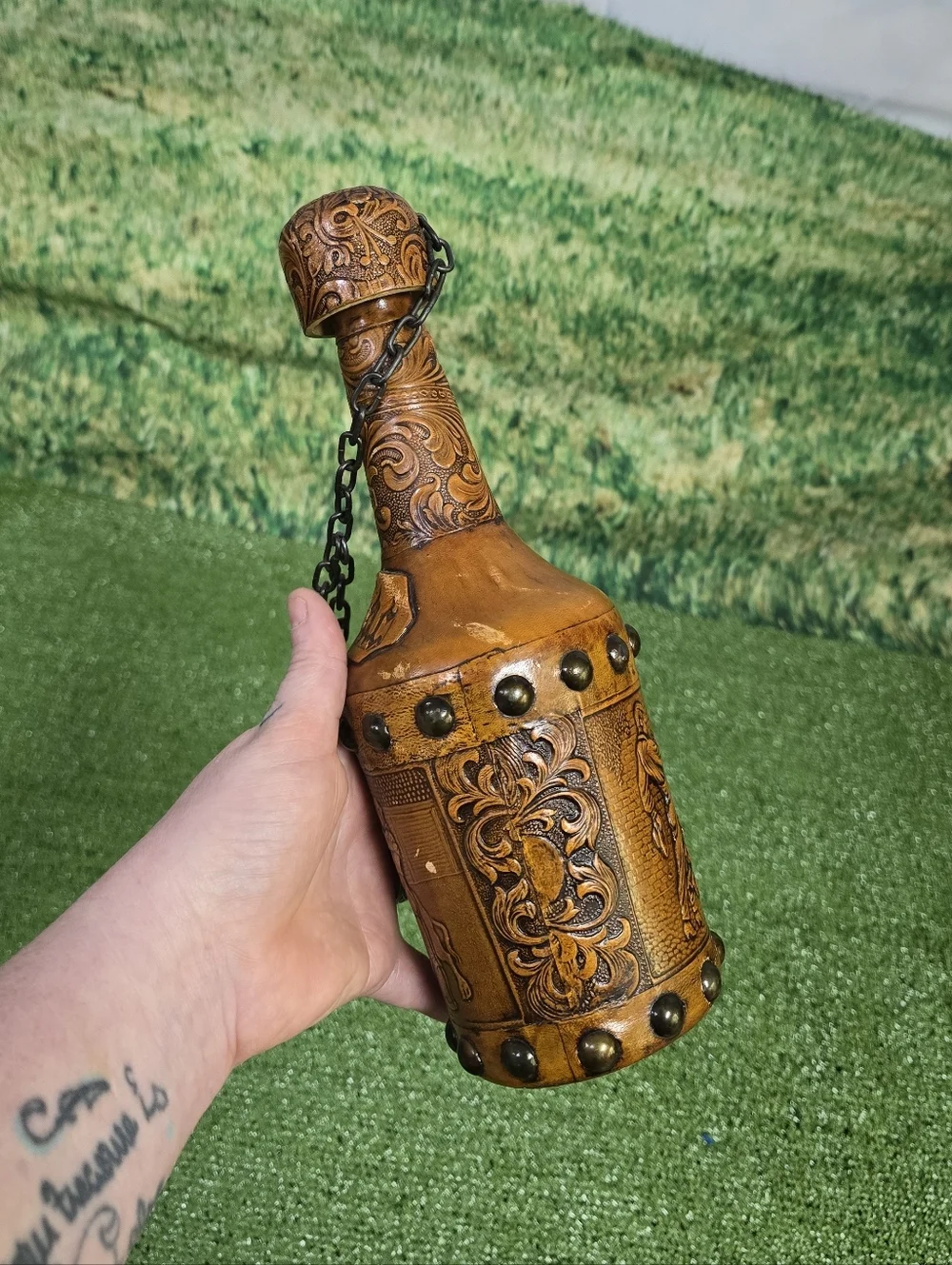 Vintage Handtooled Spanish Leather Glass Conac Decanter w Cork Plug Chain Tassel